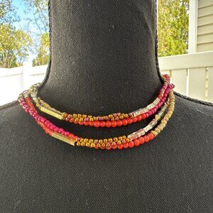 Chicos Red Pink Beaded Strand Silver Gold Tone Long Statement Necklace NEW